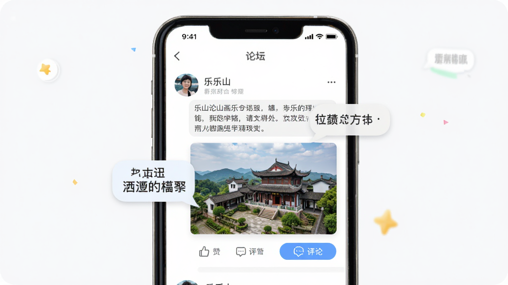 ����ɽAPP�罻����������ͼ������Ϊ�ֻ���Ļչʾ��̳������Ϣ�������ְ����û�ͷ��������������ͼ���������۰�ť���Ű�������£����Ϊ�罻Ӧ�ó����Ŀ�Ƭʽ��ƣ�ϸ��������ɽ�����������ݣ����ʸ��壬�ɾ����޶���Ԫ��