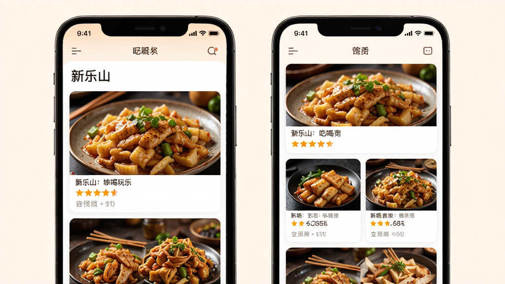 ����ɽAPP�Ժ�����Ƶ��������ͼ������Ϊ�ֻ���Ļչʾ��ʳͼƬ���̼ҿ�Ƭ������Ϊ˫���ٲ������Ű����ۣ����Ϊ���������Ӧ��ůɫ����ϸ�ڰ���ʳ����д���Ǽ����֣����ʸ��壬�ɾ����޶���Ԫ��