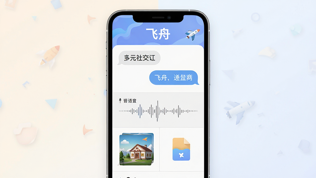 一张展示“飞舟”多元社交功能的界面合成图,画面中央是手机屏幕,屏幕内分格展示文字气泡、语音波形、图片缩略图和文件图标,顶部写有“飞舟”字样,背景为柔和浅色。布局网格状,风格清新扁平,细节清晰,画质高清,干净,无多余元素。