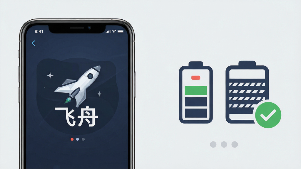 一张展示“飞舟”低资源占用的概念图,画面左侧是一部手机显示“飞舟”界面,右侧是一个电池和内存图标,旁边有绿色对勾标识,背景干净浅灰。布局左右对比,风格简约商务,细节清晰显示图标和文字,画质高清,干净,无多余元素。