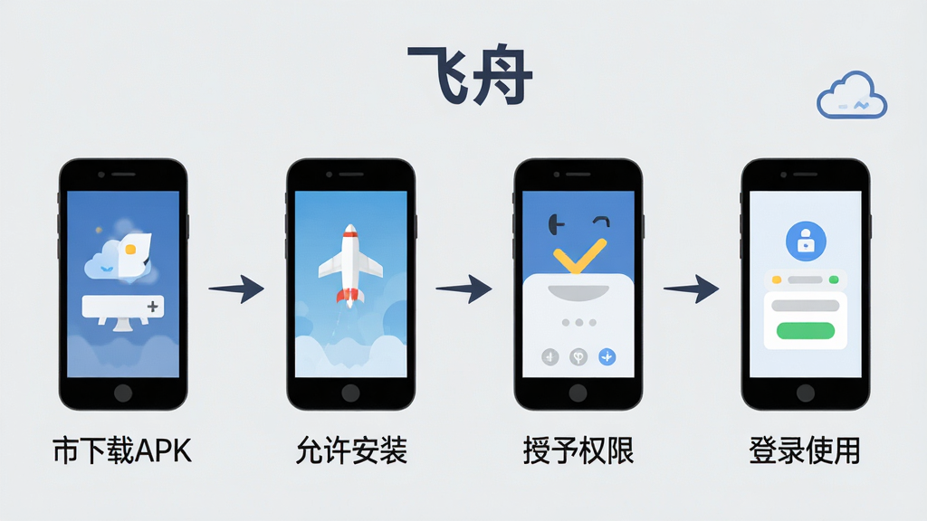 一张展示“飞舟”新手安装步骤的流程图,画面分为四个步骤,依次为下载APK、允许安装、授予权限、登录使用,每个步骤配手机小图标和简短文字说明,顶部写有“飞舟”标题,背景为浅灰色,布局横向排列,风格扁平化信息图,细节清晰,画质高清,干净,无多余元素。