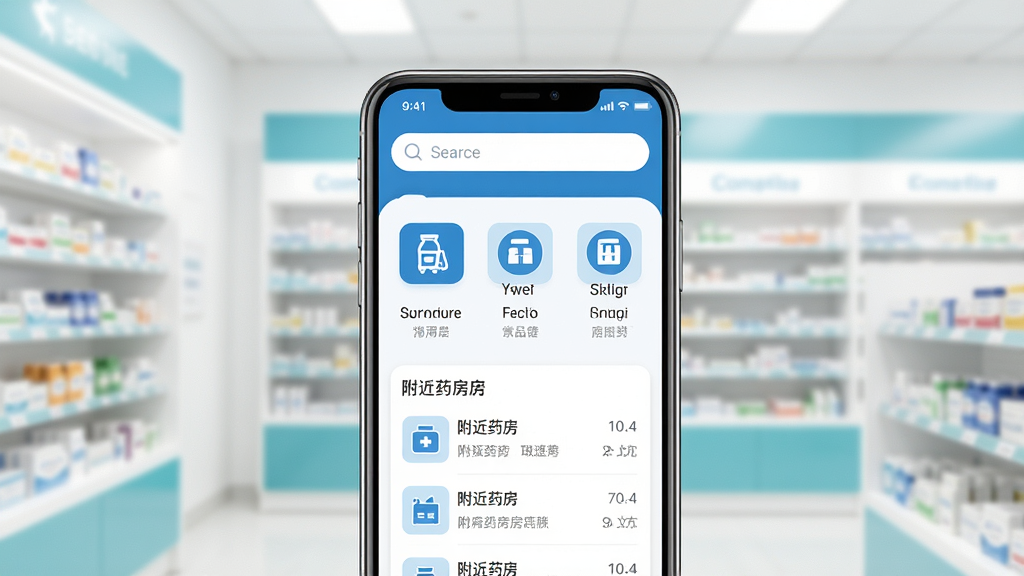 一张展示海豚药药极速版手机应用界面的产品主图,画面中央是一部现代智能手机,屏幕亮起显示该应用首页,首页顶部有搜索框,下方排列着常用药品分类图标和附近药房列表,整体界面以医疗蓝和白色为主色调,背景是干净明亮的室内环境,带有轻微的药房货架虚化元素,风格为写实产品渲染,细节清晰,画质高清,画面干净无多余杂物