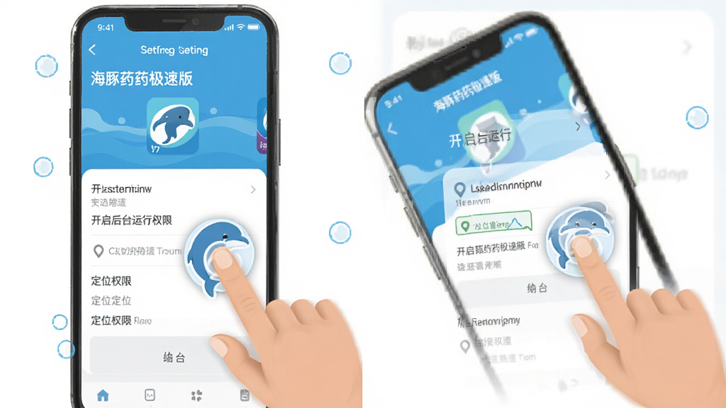 一张手机设置界面的示意图,展示如何为“海豚药药极速版”开启后台运行权限和定位权限,画面中有手指点击屏幕的动画示意,界面元素清晰,风格为扁平化UI教程图,画质干净,无多余装饰