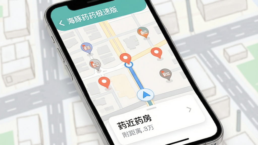一张手机地图导航界面截图风格图片,界面显示“海豚药药极速版”的附近药房功能,地图上有多个药房定位图标,底部弹出卡片显示药房名称和距离,手机屏幕色彩柔和,背景为城市街道简图,风格为扁平化UI设计展示,画质清晰,画面干净无杂乱元素