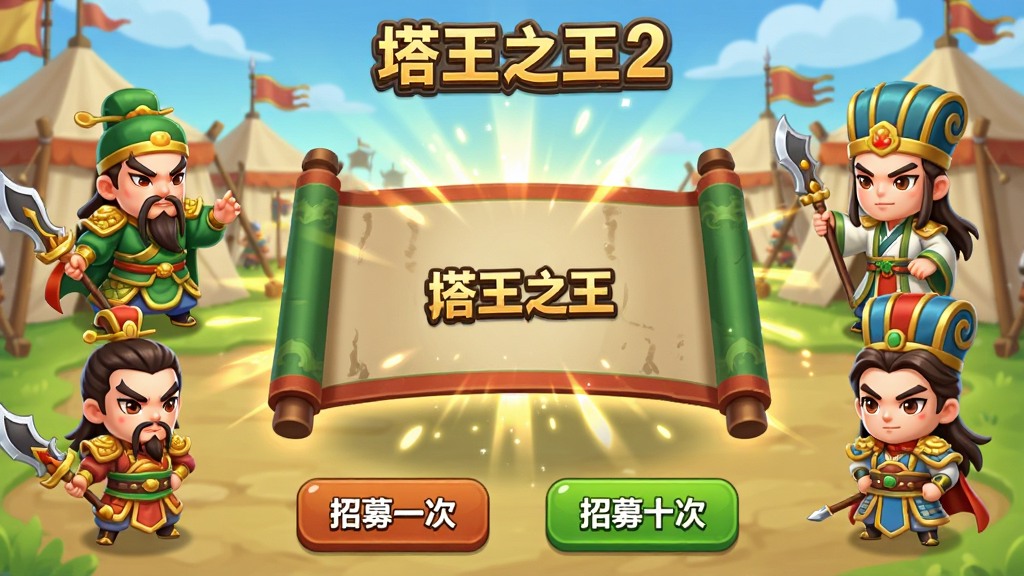 一张塔王之王2武将招募界面的图片,画面中展示着招募卷轴展开的特效,周围环绕着关羽、吕布、诸葛亮等武将的Q版形象,下方有招募一次和招募十次按钮,背景为古代军营帐篷,风格为卡通渲染,色彩鲜艳,画质清晰,干净无多余元素