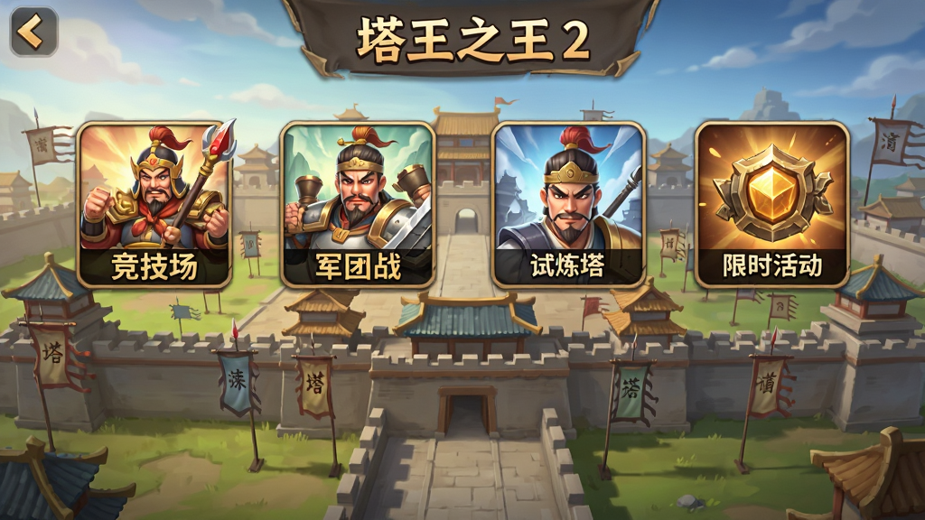 一张塔王之王2玩法模式选择界面的图片,画面中排列着竞技场、军团战、试炼塔、限时活动等图标按钮,每个按钮都有对应的三国风格插画,背景为古代城池全景,风格为卡通写实结合,色彩丰富,画质清晰,干净无多余元素
