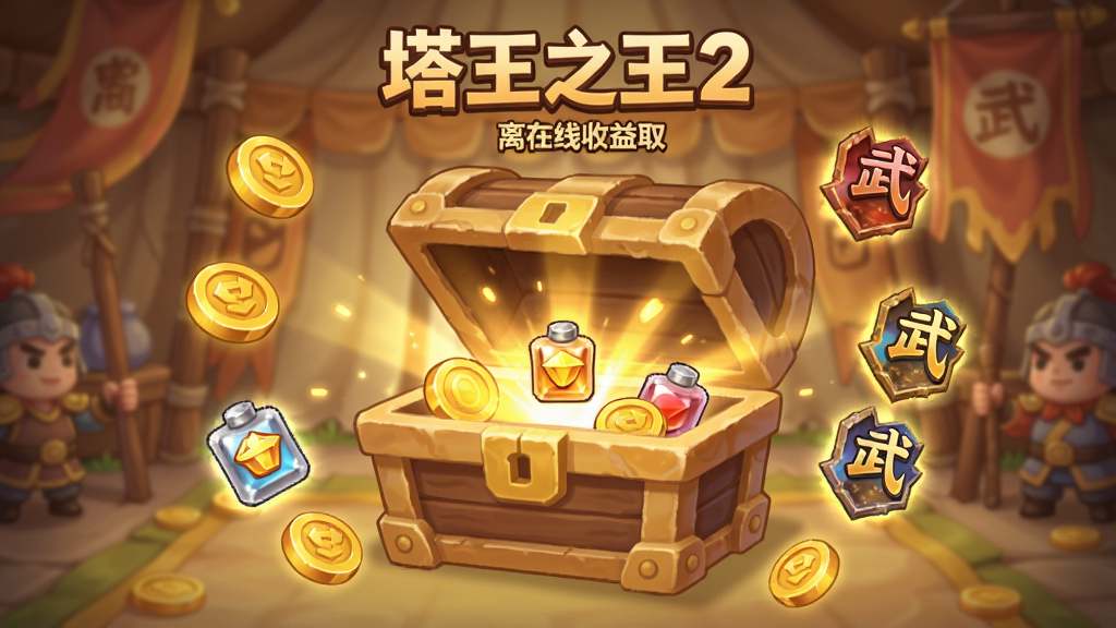一张塔王之王2离线收益领取界面的图片,画面中显示一个古代宝箱正在打开,金光四射,周围飘浮着金币、经验丹、武将碎片等奖励图标,背景为营帐内部,风格为Q版卡通,色彩温暖,画质清晰,干净无多余元素