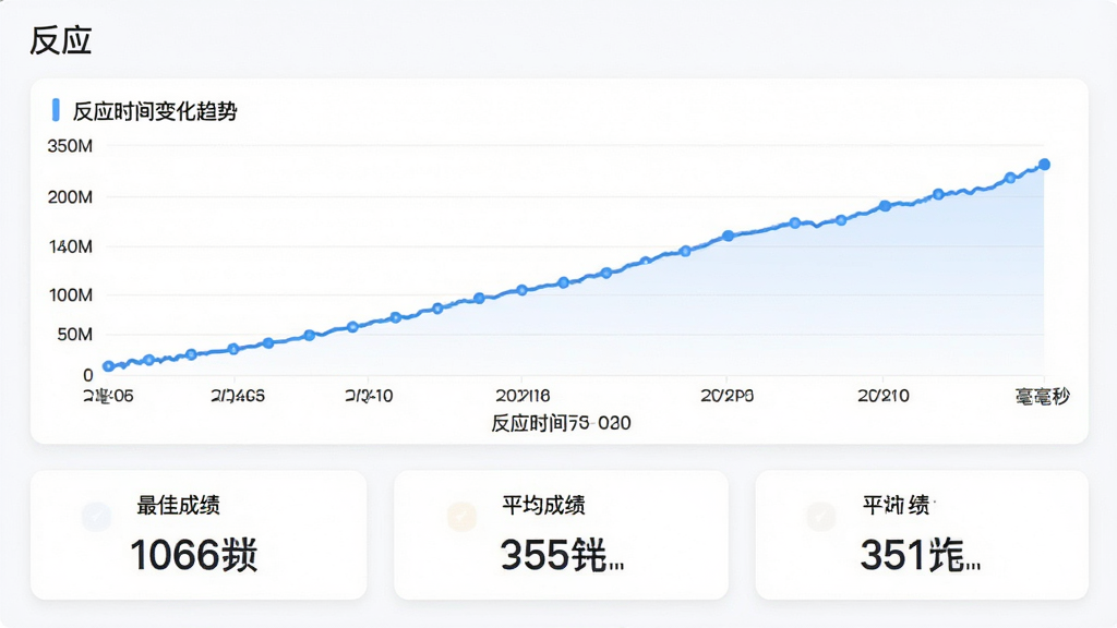 主体为“反应”应用的数据统计页面,布局为上方折线图、下方数据卡片;排版清晰,折线图展示反应时间变化趋势;风格为清新浅色系,白色背景搭配蓝色线条;细节包含坐标轴标注毫秒与日期,卡片上显示“最佳成绩”“平均成绩”字样;画质清晰,干净,无多余元素