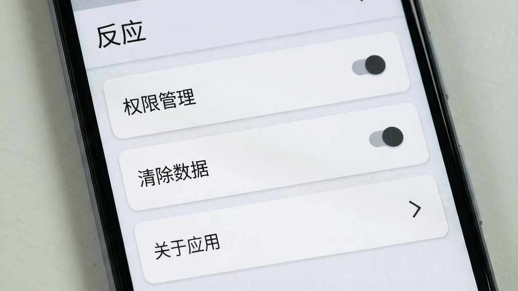 主体为安卓手机展示“反应”应用设置界面,布局为纵向选项列表,排版简洁;风格为浅灰质感,白色卡片搭配灰色分割线;细节包含“权限管理”“清除数据”“关于应用”等选项文字,右侧有开关或箭头图标;画质清晰,干净,无多余元素