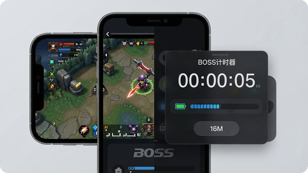 һ��չʾBOSS��ʱ�����ֻ���̨�ͺ����е�ʾ��ͼ���������ֻ���Ļ������ʾ��Ϸ�����BOSS��ʱ�������������������С�BOSS��ʱ���������͵���ʱ���֣����Ϊ�Ƽ��а�ɫ���棬ϸ�ڰ������ͼ�ꡢ�ڴ�ռ������������ť�����ʸ��壬�ɾ����޶���Ԫ��