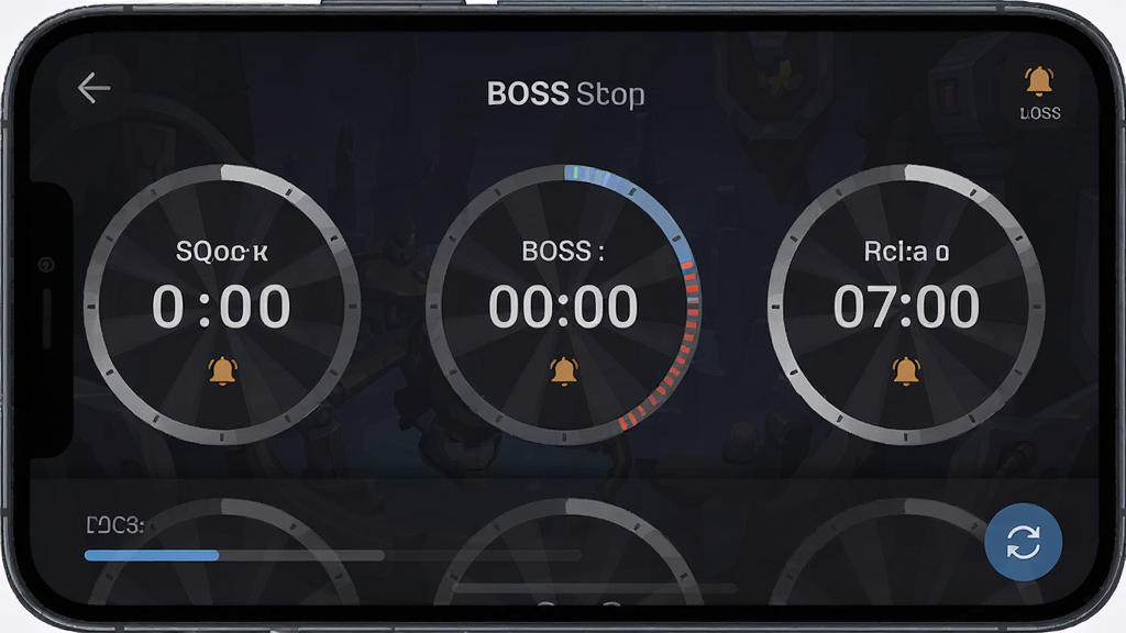 һ��չʾ�ֻ���Ļ��BOSS��ʱ��Ӧ���������ͼƬ�����������Ƕ��Բ�ε���ʱ���̣��ֱ��ע��ͬBOSS���ƺ�ʣ��ʱ�䣬����Ϊ��ɫ��Ϸ��񣬽��������������Ϊ�ִ���ƽ����ƣ�ϸ�ڰ���������������ͼ���ˢ�°�ť�����ʸ��壬�ɾ����޶���Ԫ��