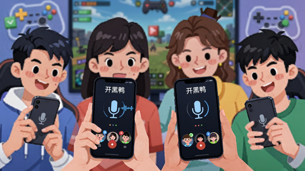 一张表现“开黑鸭”实时语音开黑功能的插画,画面中四位年轻玩家各自拿着手机,通过“开黑鸭”进行语音连麦,手机屏幕显示语音房间界面,有麦克风波动图标和队友头像。背景是游戏场景的虚化元素,如像素方块、游戏手柄轮廓。人物表情专注且愉快,风格为扁平化卡通插画,色彩鲜明,细节清晰,画质干净,无多余元素。