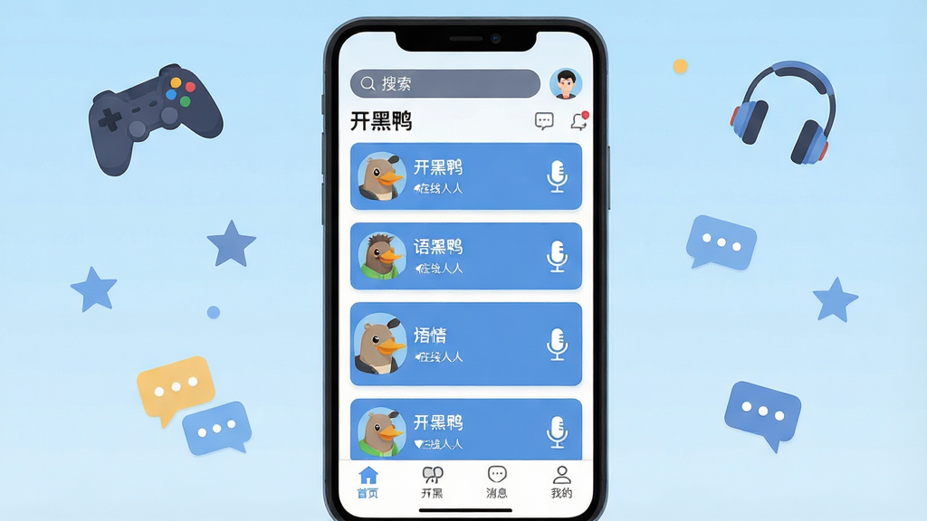一张展示“开黑鸭”软件主界面的手机应用截图风格插画,画面中央是一部竖屏智能手机,屏幕内显示“开黑鸭”应用首页,顶部有搜索栏和用户头像,中部是多个语音房间卡片列表,每个卡片带有房间名称、在线人数和麦克风图标,底部导航栏包含首页、开黑、消息、我的四个标签。背景为简洁的浅蓝渐变,点缀游戏手柄、耳机、聊天气泡等小图标。风格清新明快,扁平化设计,细节清晰,画质干净,无多余元素。