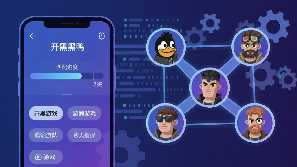 一张表现“开黑鸭”智能组队匹配功能的插画,画面左侧是一部手机,屏幕上显示匹配进度条和游戏标签选项;右侧是几个游戏角色头像通过光线连接在一起,形成组队网络。背景有数据流和齿轮元素,象征算法匹配。风格为科技感扁平插画,主色调为蓝色和紫色,细节清晰,画质干净,无多余元素。