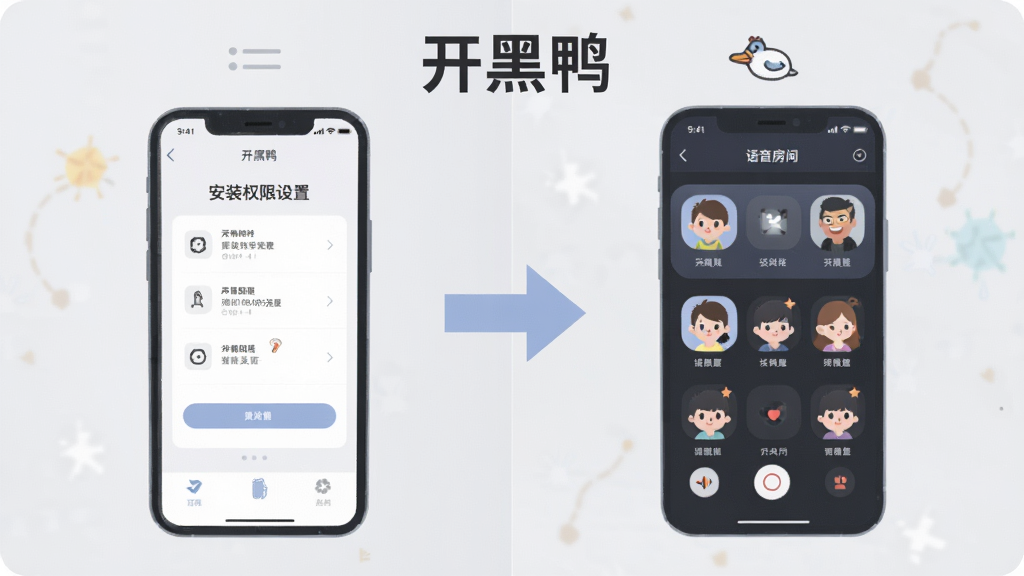 一张展示“开黑鸭”使用指南的插画,画面分为左右两部分,左侧是手机安装权限设置界面示意,右侧是语音房间内用户正常使用的场景。中间用箭头连接,象征操作流程。背景为浅灰色,风格为信息图扁平化设计,色彩柔和,细节清晰,画质干净,无多余元素。