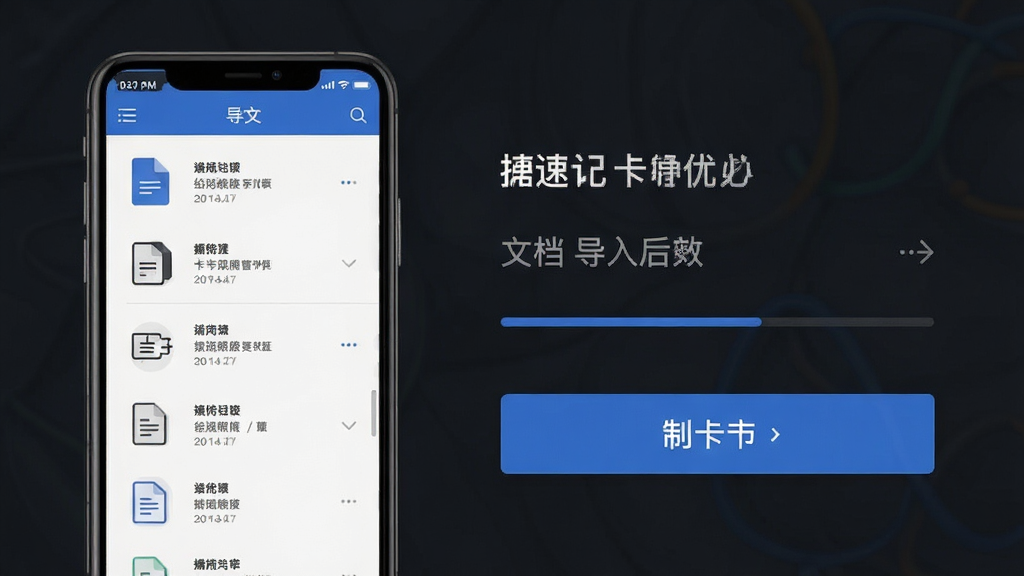 速记卡软件内文档导入界面展示,主体为手机屏幕显示文档列表与制卡按钮,布局上下结构,排版简洁,风格现代商务,细节包含文档图标与进度条,画质清晰,干净,无多余元素