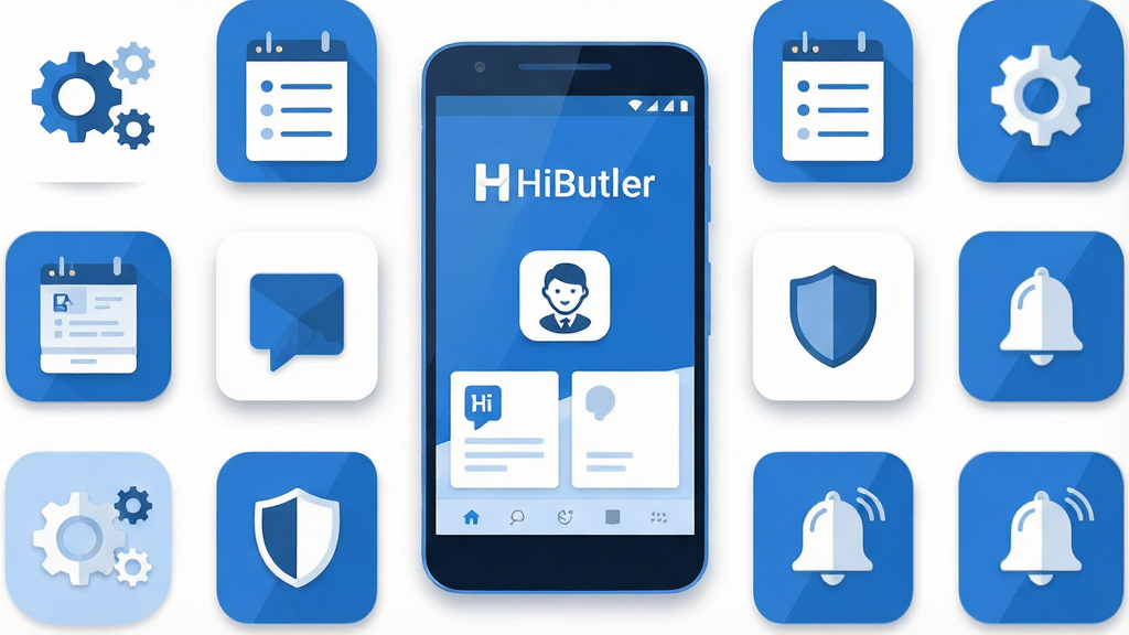 һ��չʾ��׿�ֻ���Ļ�ĿƼ����廭�������������ֻ����棬������������ʾ��HiButler�������͹ܼ�ͼ�꣬��Χ�����ų��֡��б������ơ������ȴ����ֻ��������ܵļ��ͼ�ꣻ����Ϊ�ֻ����С�ͼ�껷�����ܣ��Ű�����Գƣ����Ϊ��ƽ���Ƽ��廭��������ɫ����ϸ�ڰ����ֻ��߿򡢽��濨Ƭ�������Ӱ�����ʸ��塢�ɾ����޶���Ԫ��