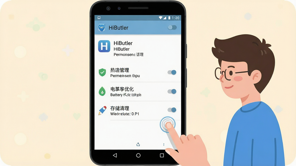 һ��չʾ��׿�ֻ����ý���Ĳ廭�������������ֻ���Ļ����Ļ����ʾ��HiButler��Ӧ����Ϣҳ�棬��Ȩ�޹���������Ż����洢������ѡ��Ա���һ����ͨ�������ڵ�����ð�ť������Ϊ�ֻ����С������ڲࣻ�Ű����������Ϊ��ƽ����ѧ�廭��ǳɫ������ϸ�ڰ������ÿ��ء����ֱ�ǩ����ָ������������ʸ��塢�ɾ����޶���Ԫ��