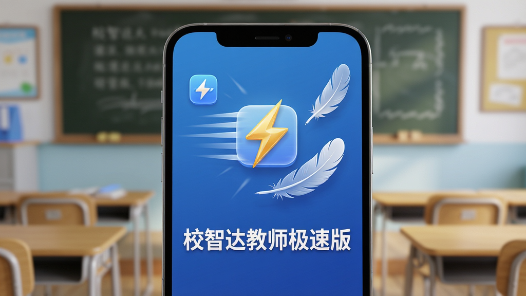 一部智能手机特写,屏幕中央展示“校智达教师极速版”启动界面,画面中带有速度线特效与轻量化图标,背景为教室黑板与课桌虚化场景,采用3D渲染风格,主体突出手机与软件名称“校智达教师极速版”,细节上体现闪电与羽毛元素象征极速与轻量,画质高清,构图居中,干净简洁