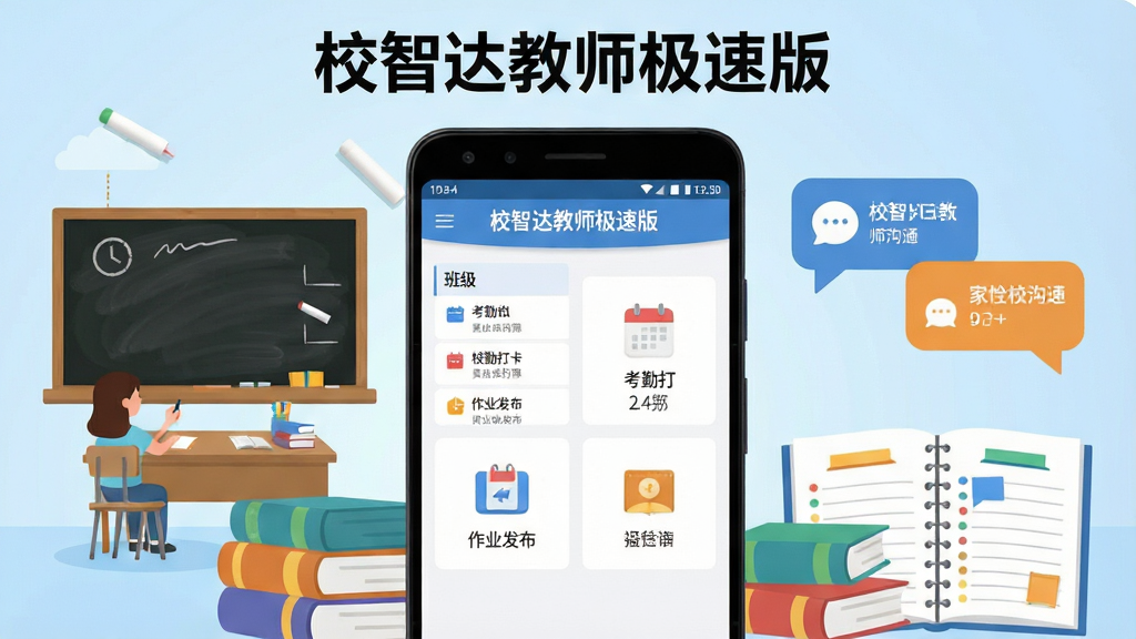 画面中央展示一部安卓手机,手机屏幕上清晰显示“校智达教师极速版”应用主界面,界面内包含班级列表、考勤打卡、作业发布等功能模块图标;手机周围环绕着黑板、粉笔、书本、学生作业本等教学元素,采用扁平化插画风格,整体布局左中右结构,左侧为教学场景缩影,右侧为家校沟通气泡,背景为淡蓝色渐变,画质清晰干净,无多余杂乱元素,文字醒目“校智达教师极速版”