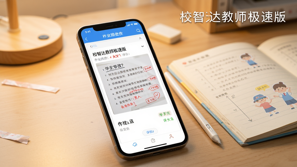 手机屏幕中展示“校智达教师极速版”作业批改界面,界面内有一份学生作业图片,上面有红色批改笔迹与评分,手机旁放置一支触控笔与一本翻开的作业本,背景为温暖的书桌场景,采用写实风格,光线柔和,主体清晰,画面中带有文字“校智达教师极速版”,画质细腻干净,无多余装饰元素