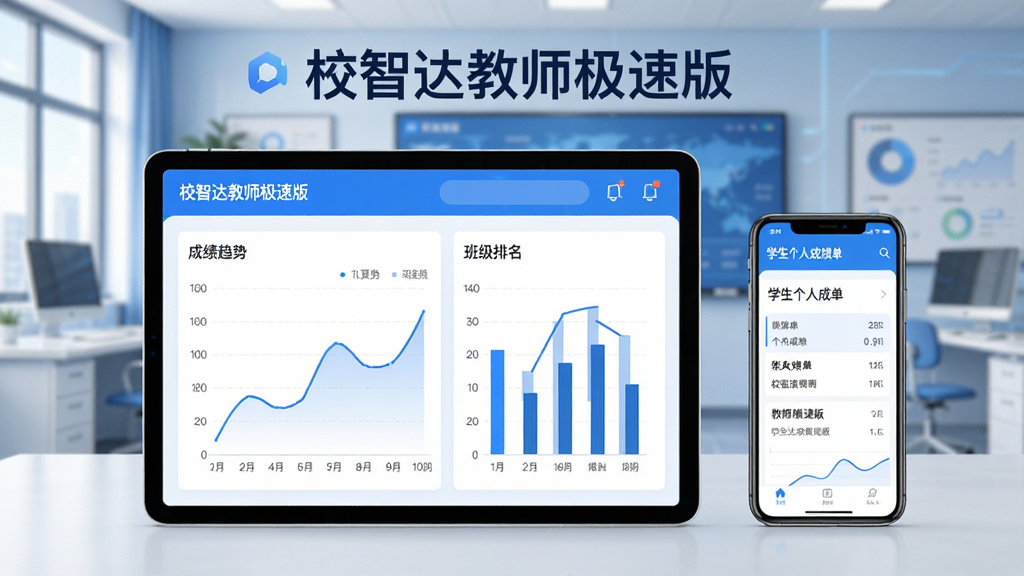 一部平板电脑与一部手机并排展示“校智达教师极速版”数据看板界面,平板屏幕显示成绩趋势折线图与班级排名柱状图,手机屏幕显示学生个人成绩单,背景为现代教研室场景,采用扁平化科技风格,主色调为蓝白,画面中带有文字“校智达教师极速版”,画质清晰,布局整洁,无杂乱元素