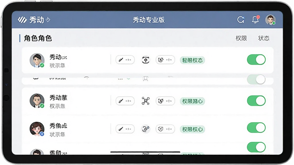 һ��չʾ�㶯רҵ��APP���ɫȨ�޹��������ͼƬ��������ƽ�������Ļ����ʾ��ͬ��ɫ�˺��б���Ȩ�޿��أ������С��㶯רҵ�桱���⣬����Ϊ����չʾƽ����棬�Ű��������������Ϊ�����������UI���ϸ�ڰ�����ɫͷ��Ȩ��ͼ�ꡢ״̬��ǩ�����ʸ��壬�ɾ����޶���Ԫ��