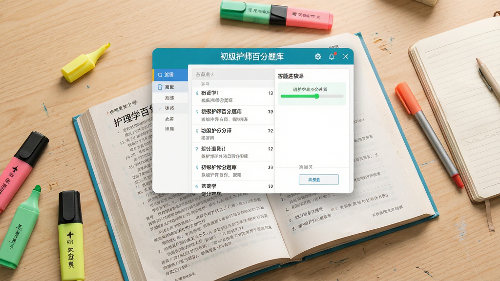 画面采用俯视视角,一张浅色木质桌面上平铺一本打开的护理学教材,教材上方悬浮显示“初级护师百分题库”应用界面截图,界面中展示题目列表与答题进度条;桌面周围散落几支彩色荧光笔和一本笔记本,布局自然随意;风格为写实静物摄影感,细节上教材页面文字清晰可见但不过分锐利,光线柔和温暖;画质高清,画面干净,无杂乱背景元素。