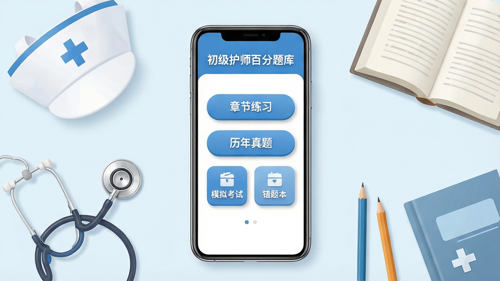 画面中央一部智能手机竖屏展示,屏幕内呈现“初级护师百分题库”应用主界面,包含章节练习、历年真题、模拟考试、错题本四个功能入口按钮,界面配色以蓝白为主,清爽干净;手机周围环绕护士帽、听诊器、书本、铅笔等学习元素,布局居中对称;排版采用扁平化UI风格,细节上按钮带有轻微阴影与圆角,整体色调柔和明亮;画质高清,干净整洁,无多余装饰元素。