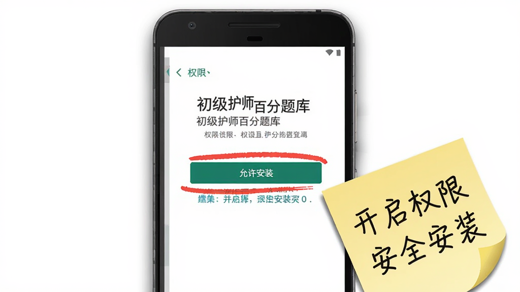 画面展示一部安卓手机特写,屏幕上显示“初级护师百分题库”的权限设置引导页面,页面中有红色高亮标注的“允许安装”按钮和蓝色提示文字;手机旁边放置一张手写便签纸,上面写着“开启权限 安全安装”字样;布局为手机主体居中,便签纸斜放于右下角;风格为简洁教程插图风,细节上手机边缘有轻微投影,背景为纯白;画质清晰,画面干净,无多余元素。