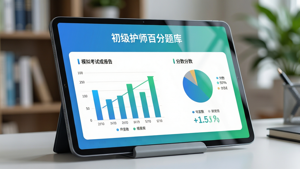 画面主体为一块横向放置的平板电脑,屏幕中显示“初级护师百分题库”模拟考试成绩报告页面,包含柱状图、饼图与分数数字,图表配色为蓝绿渐变;平板电脑斜立于桌面支架上,背景为虚化的书房环境,书架与绿植隐约可见;风格为现代科技感与学习场景结合,细节上屏幕反光自然,图表数据清晰可辨;画质高清,画面干净,无多余干扰元素。