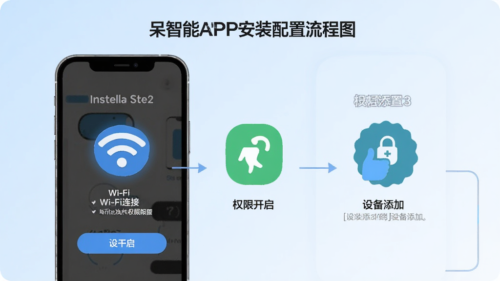 ������APP��װ��������ͼ������Ϊ�ֻ���Ļ��ʾ��װ�����Ȩ�����ý��棬����Wi-Fi���ӡ�Ȩ�޿������豸������������ͼ�꣬����Ϊ����ɫ���䣬�����̷̳磬�Ű����������ʸɾ��޶���Ԫ��