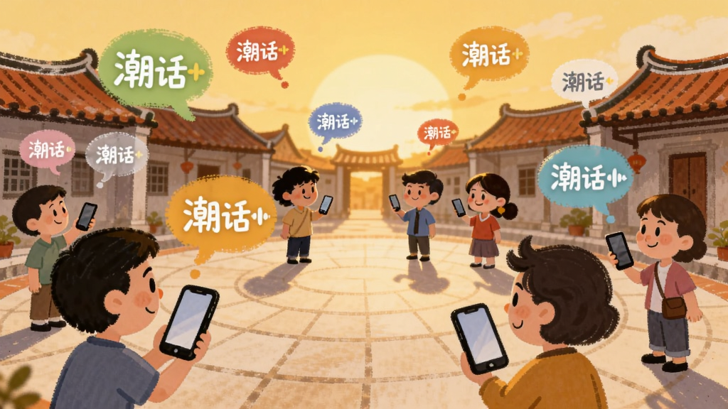 画面呈现一个圆形社交广场,广场上多个卡通人物正在用手机发送语音消息,消息以彩色气泡形式飘浮在空中,气泡内写着
