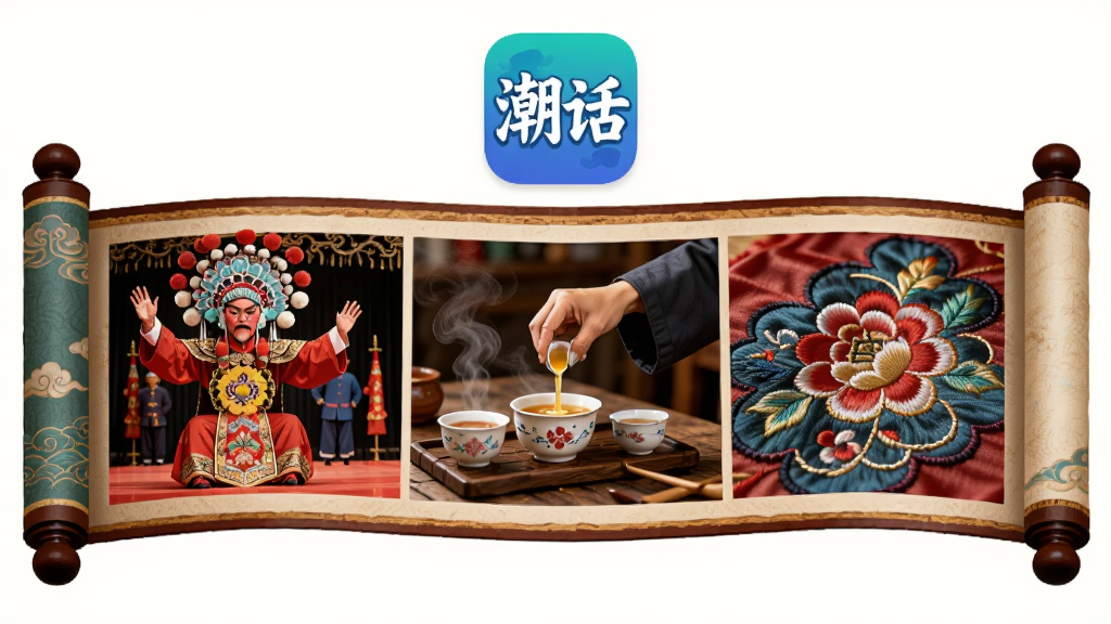 画面是一幅潮汕文化长卷,卷轴中依次呈现潮剧表演、工夫茶冲泡、潮绣制作等场景,卷轴上方悬浮着