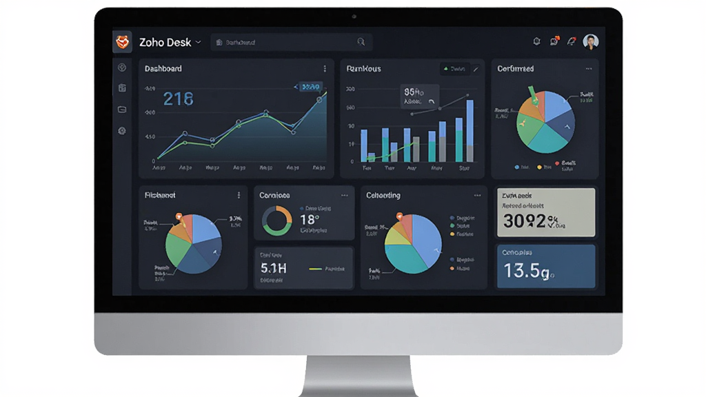 Zoho Desk ���ݷ����Ǳ��壬����Ϊ������Ļչʾ����ͼ���͹ؼ�ָ�꿨Ƭ������Ϊ�����Ǳ��壬�Ű���գ����Ϊ���ݿ��ӻ����ϸ�ڰ�������ͼ����״ͼ����ͼ�����ֿ�Ƭ�����ʸ��壬�ɾ����޶���Ԫ��