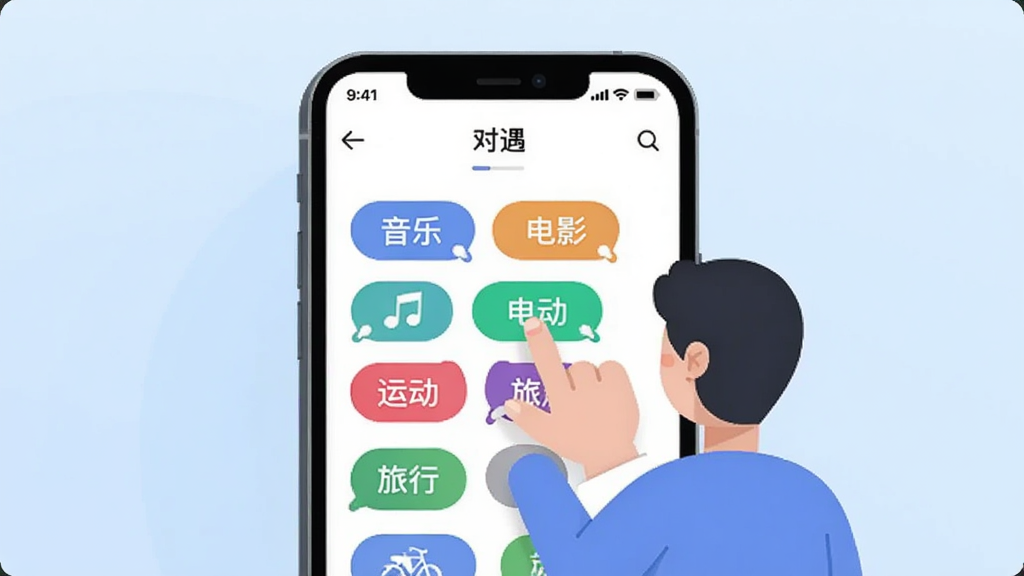 һ��չʾ��Ȥ��ǩɸѡ���ܵĽ���ʾ��ͼ��������һ���ֻ���Ļ��ʾ��������Ӧ���ڵı�ǩѡ��ҳ�棬�����֡���Ӱ���˶������еȲ�ɫ��ǩ���ݣ�һλ��ͨ�������ڵ����ǩ������Ϊǳ��ɫ���䣬���Ϊ�ִ���ƽ��UI�廭��ϸ�����������ʸɾ����޶���Ԫ��