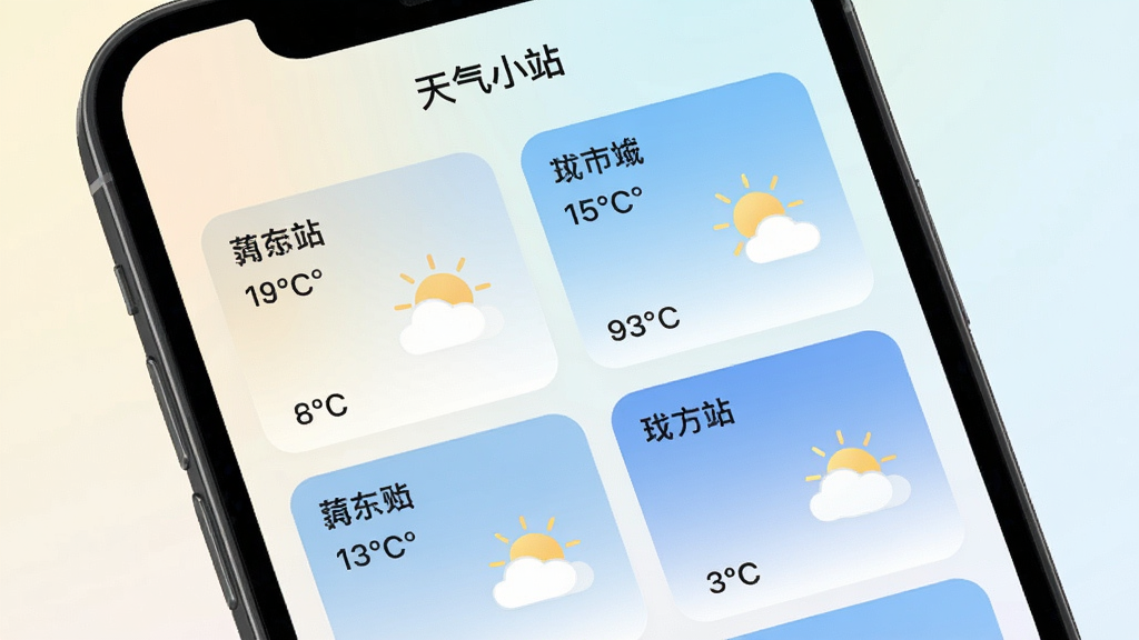 ������չʾ����Сվ�Ķ���й������棬�ֻ���Ļ�������Ŷ������������Ƭ��ÿ�ſ�Ƭ��ʾ���������¶ȡ�����ͼ�꣬��Ƭ���ͳһ����������͵�ǳɫ���䣬�Ű����룬��������������ɾ�������Ԫ�أ�������Сվ�����������ڽ��涥����
