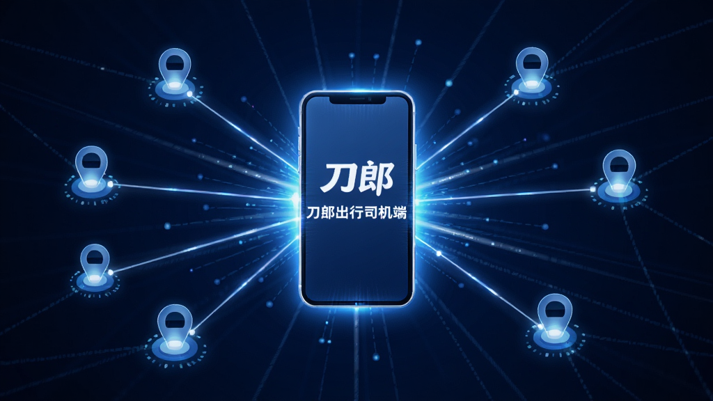 主体是一个抽象的智能数据网络,中心是一个发光的手机屏幕,屏幕上显示着刀郎出行司机端字样。布局采用中心辐射状,多条光线从手机屏幕向四周发散,连接着代表不同乘客位置的光点。风格为科技感概念图,深蓝色背景,光线明亮,细节清晰,画质干净,无多余元素。