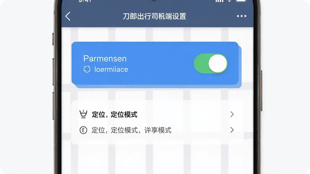 主体是一张手机屏幕截图风格的图片,屏幕上显示着刀郎出行司机端的设置页面,有醒目的权限开关和定位模式选项。布局为居中展示,背景为手机界面背景。风格为扁平化UI设计,色彩清晰,细节明确,画质干净,无多余元素。