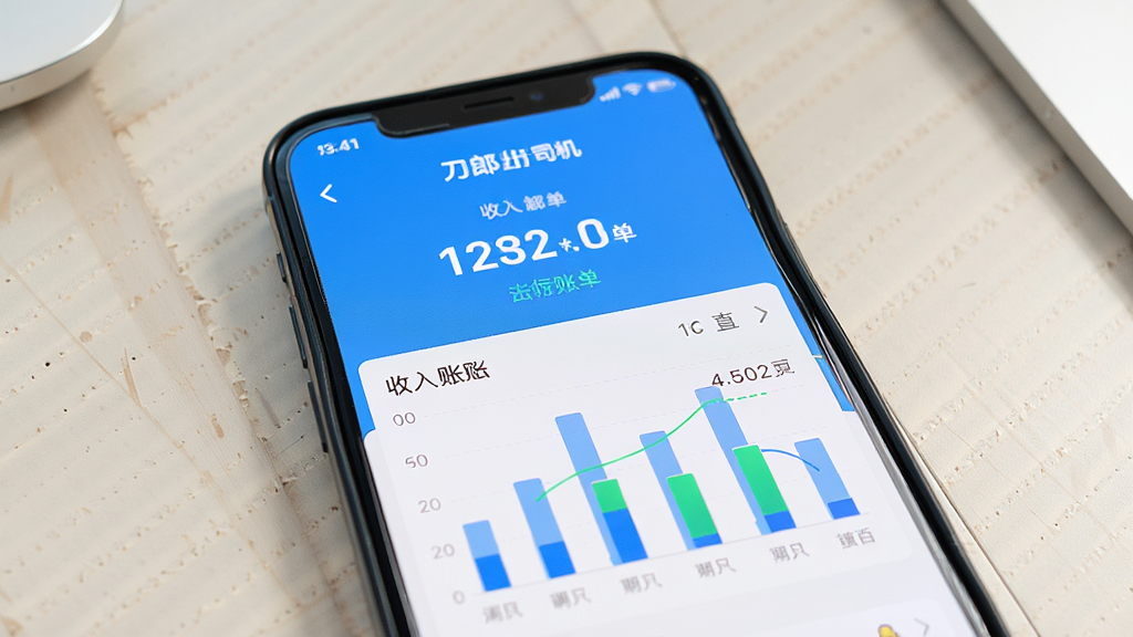 主体是一个手机屏幕特写,屏幕上显示着刀郎出行司机端的收入账单页面,有清晰的数字金额和柱状图表。布局为居中构图,背景是简洁的浅色桌面。风格为现代简约风格,色彩明快,细节清晰,画质高清,画面干净,无多余元素。