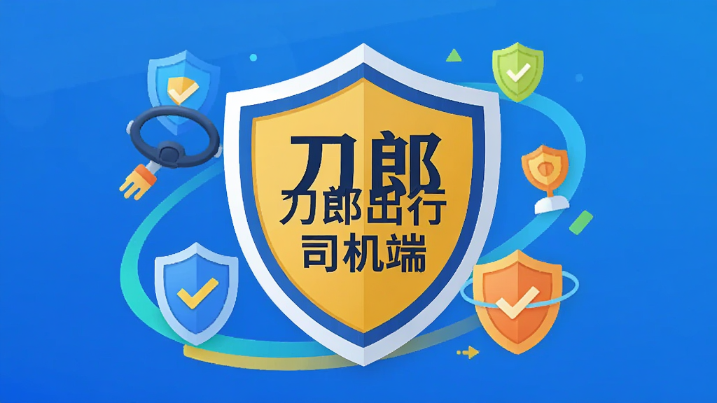 主体是一个盾牌形状的图标,盾牌中间有刀郎出行司机端字样,盾牌周围环绕着代表安全与保障的抽象元素。布局为居中构图,背景是渐变的蓝色。风格为扁平化图标设计,色彩鲜明,细节简洁,画质干净,无多余元素。