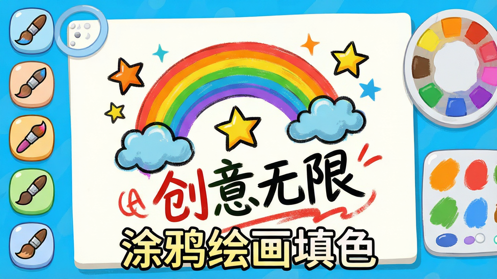 һ��չʾͿѻ�滭��ɫ��������Ϳѻģʽ��ͼƬ����������Ϊһ��հ׻�������������һ�����ڴ����еĲ�ɫͿѻ�������ʺ硢���Ǻ���д���֡��������ޡ���������Χ�����Ÿ��ֻ��ʹ���ͼ��͵�ɫ�壬���ֲ��ø����ӽǣ����Ϊ�������޵Ŀ�ͨ�廭���ϸ�ڰ����ʴ�����������ɫ�ʱ���������ͼ��Բ��ɰ������ʸɾ��������޶���Ԫ�أ�ͼƬ�����ֱ�ע��Ϳѻ�滭��ɫ����