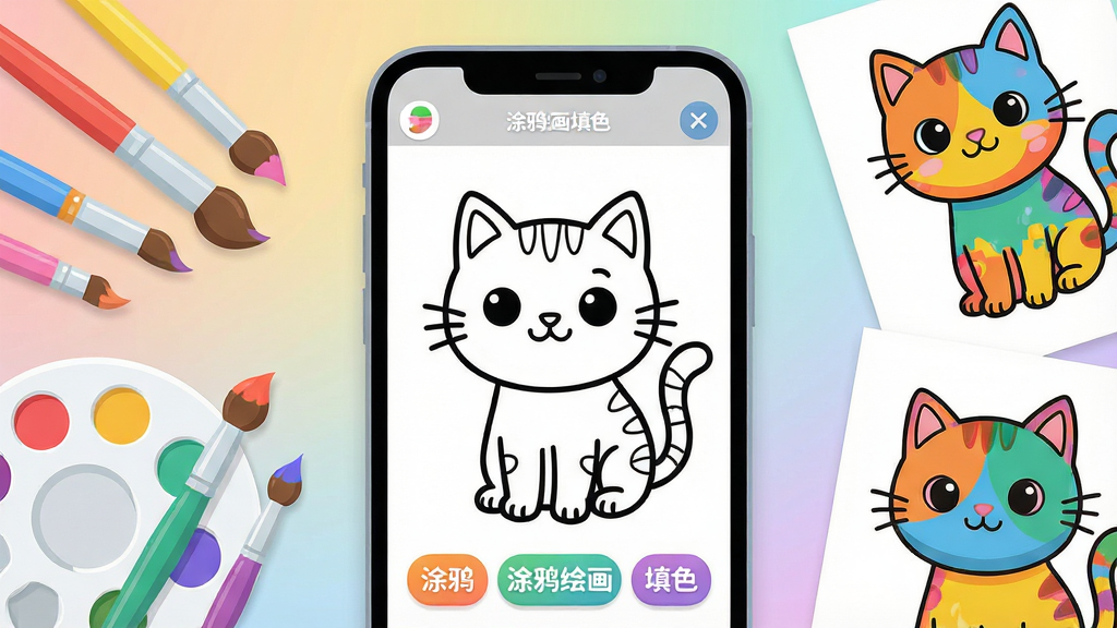 һ��չʾͿѻ�滭��ɫ���������ͼƬ�������������ֻ���Ļ����Ļ����ʾһ��δ��ɵĿ�ͨè���߸壬��Χɢ���Ų�ɫ���ʡ���ɫ�̺�����ɵĶ��Ϳɫ��Ʒ�����ֲ��þ��й�ͼ�����Ϊ��������ı�ƽ���廭���ϸ�ڰ�����͵Ľ��䱳����Բ���ͼ�갴ť�ͷḻ��ɫ�ʲ�Σ����������ɾ����޶���Ԫ�أ����������ֱ�ע��Ϳѻ�滭��ɫ����