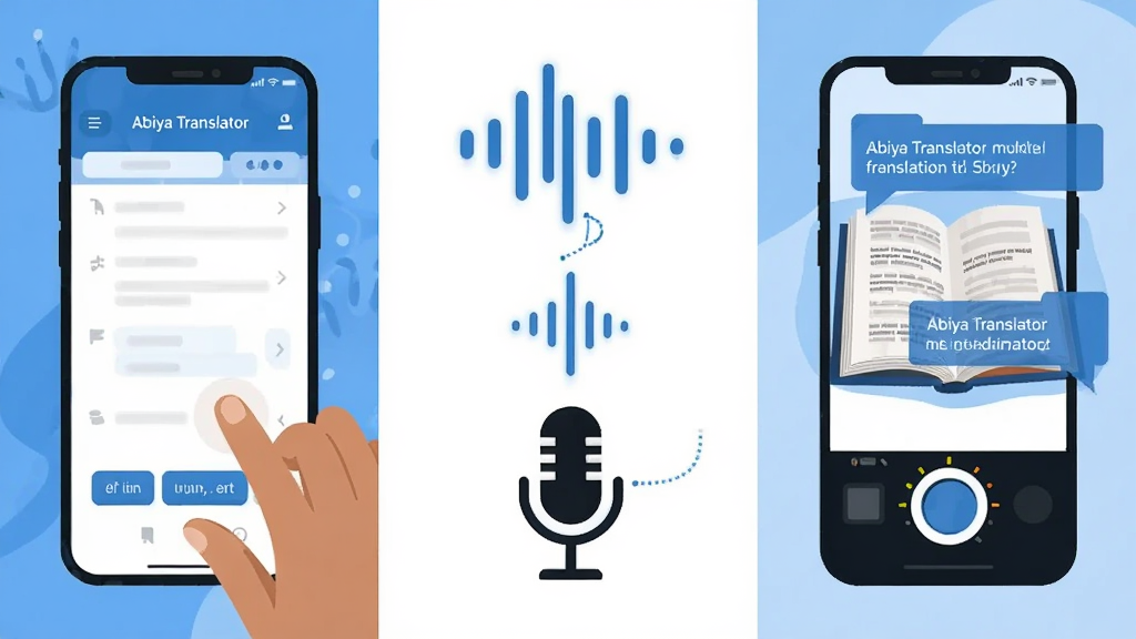 һ��չʾAbiya Translator��ģʽ���빦�ܵĲ廭���������չʾһֻ�����ֻ���Ļ�ϴ��ֵ���д���м�չʾ����ͼ����������˷磬�Ҳ�չʾ�ֻ�����ͷ��׼һ���鱾�����ֳ��������������ݣ����岼��Ϊ��������ʽ�����Ϊ�ִ���ƽ��UI��ƣ�ɫ��������Ϊ����ϸ������������ɾ���������Ԫ�أ��߷ֱ��ʡ�