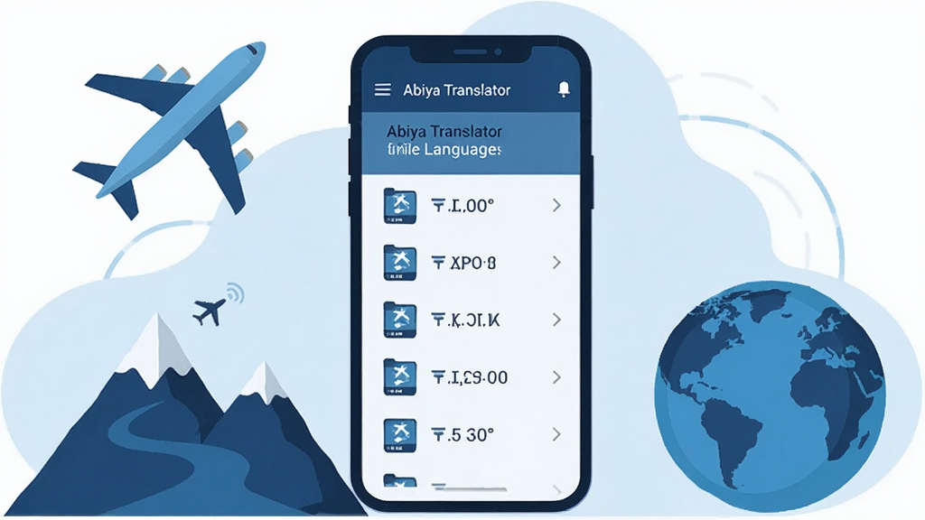 һ��չʾAbiya Translator���߷��빦�ܵ�ʾ��ͼ������������һ���ֻ�����Ļ��ʾ������ɵ��������԰��б����ֻ���Χ�����ŷɻ���ɽ���͵���ͼ�꣬�������к�����ä�����������Ϊ����ʸ���廭����ɫ��Ϊ������ǳ�����䣬ϸ�ڸɾ������������֣��������ȡ�