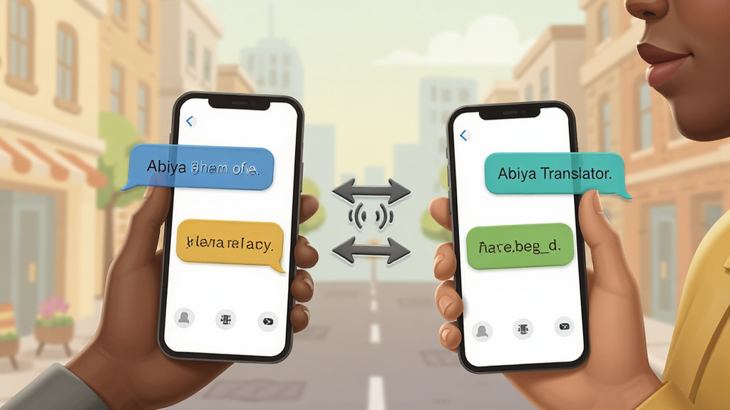 һ��չʾAbiya Translator�����Ի����볡����ͼƬ����������λ��ͬ��ɫ���˸�������һ���ֻ������վ�����ֻ���Ļ�Ϸ���ʾ�Ÿ������Ե��������ݣ��м���˫���ͷ������ͼ�꣬����Ϊ��Լ�ĳ��н־��黯�����Ϊдʵ�廭��ɫ��������ů����ͼƽ�⣬�����������޶���װ�Ρ�