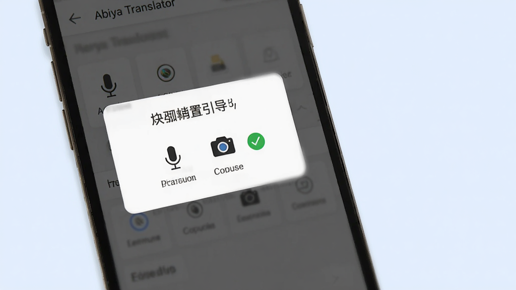 һ��չʾAbiya Translator������������ҳ���ͼƬ���������ֻ���Ļ��ʾȨ�����󵯴���������˷�����ͼ�꣬�Ա�����ɫ�ĶԹ���ǣ�����Ϊ��͵�ǳɫ�����Ϊ�������ƶ���UI���棬ϸ�ڸɾ����޶������֣����ʸ��塣
