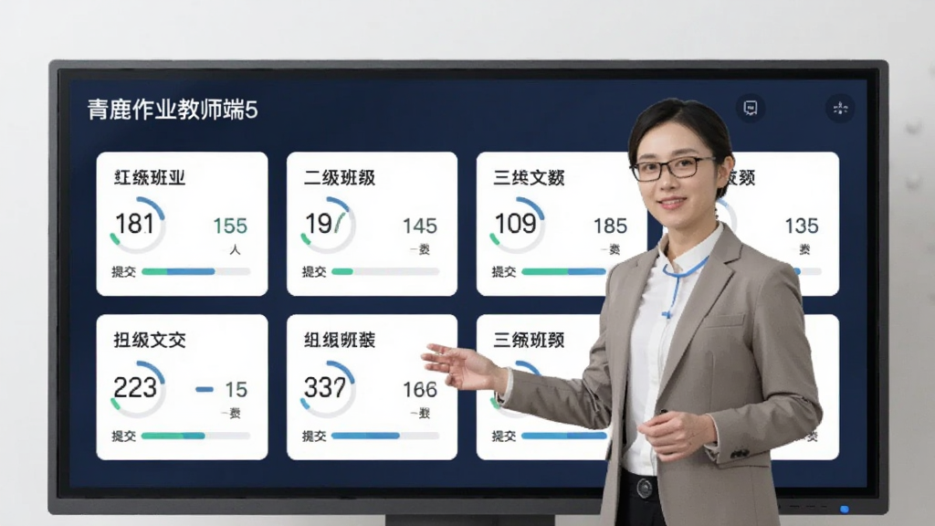画面主体为一位教师站在电子屏幕前,屏幕上显示多个班级卡片,每个卡片标注班级名称和提交人数,布局整齐,风格偏商务教育风,细节有数字统计和进度条,画质清晰,干净无多余元素,图片中文字“青鹿作业教师端5”