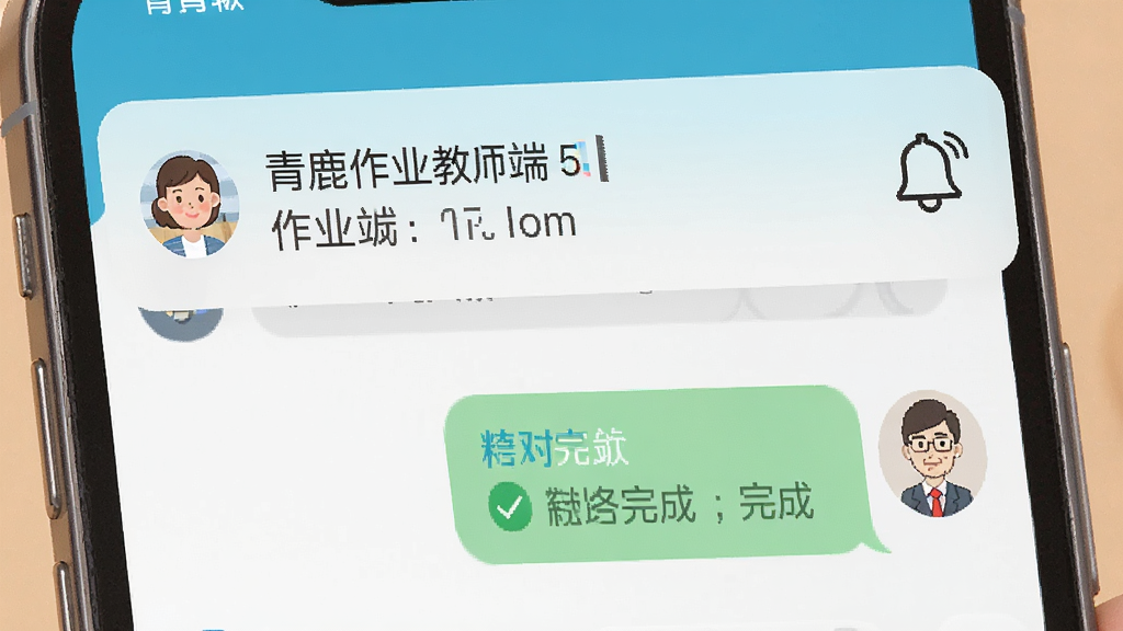 一张展示手机通知界面的图片,通知内容为青鹿作业教师端5的作业提醒,画面中有家长和教师头像的对话气泡,风格温馨,布局简洁,细节有铃铛图标和已完成标记,画质清晰干净
