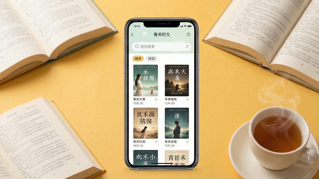 青禾时文软件主界面展示,画面中央放置一部智能手机,屏幕显示小说书架列表,书封排列整齐,背景为温馨的暖黄色调,周围点缀几本翻开的书籍与一杯热茶,布局简洁明快,排版呈现应用功能全貌,风格现代清新,细节包含书架分类标签与搜索栏,画质高清,干净,无多余元素